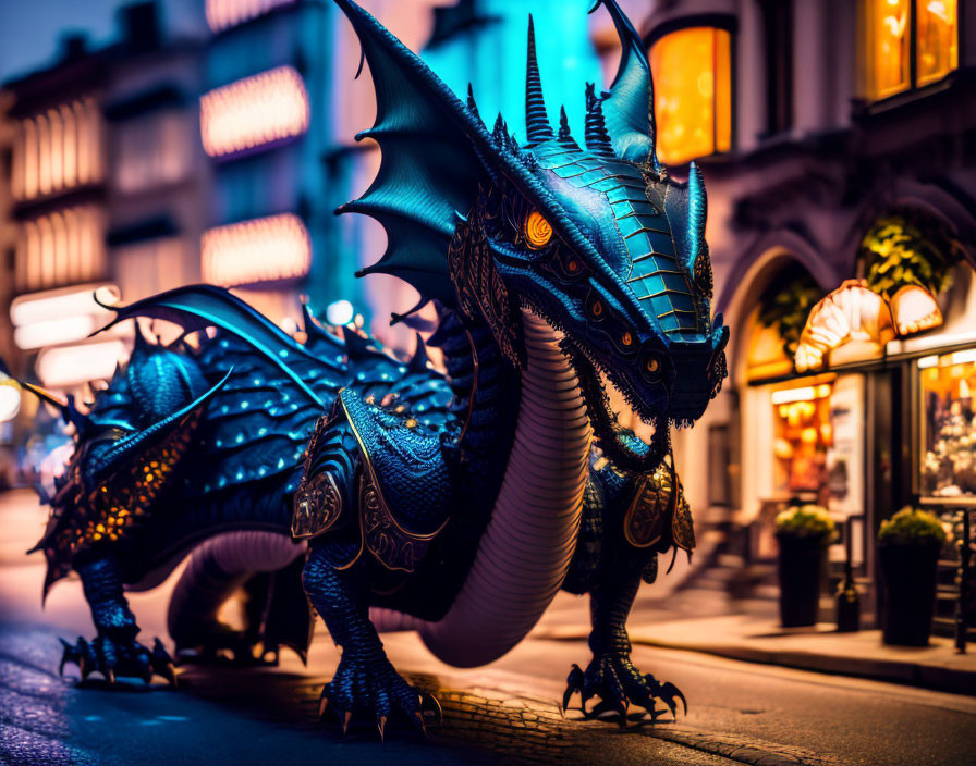 Detailed Blue Dragon Sculpture with Golden Accents on Cobblestone Street at Dusk