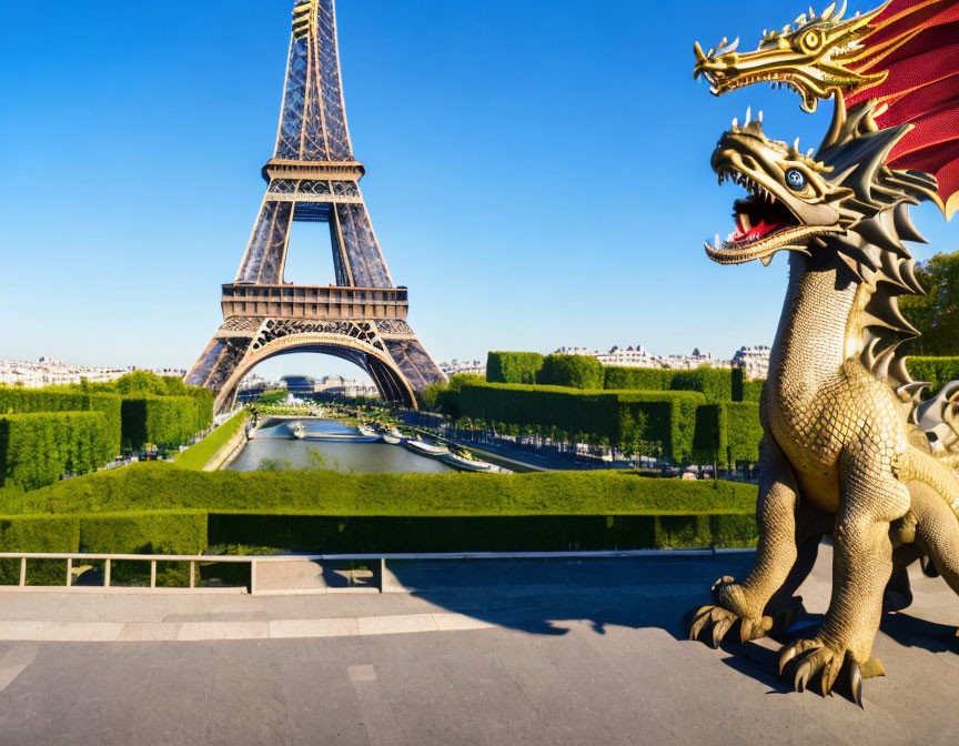 Dragon digitally placed at Eiffel Tower with Seine River in background