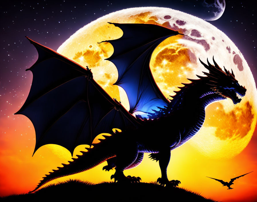 Majestic dragon silhouette against full moon and sunset sky