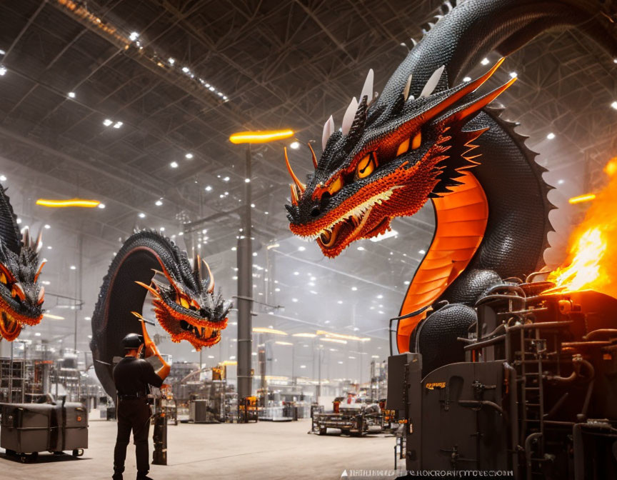 Person in warehouse confronted by two menacing dragons with glowing eyes and flames.