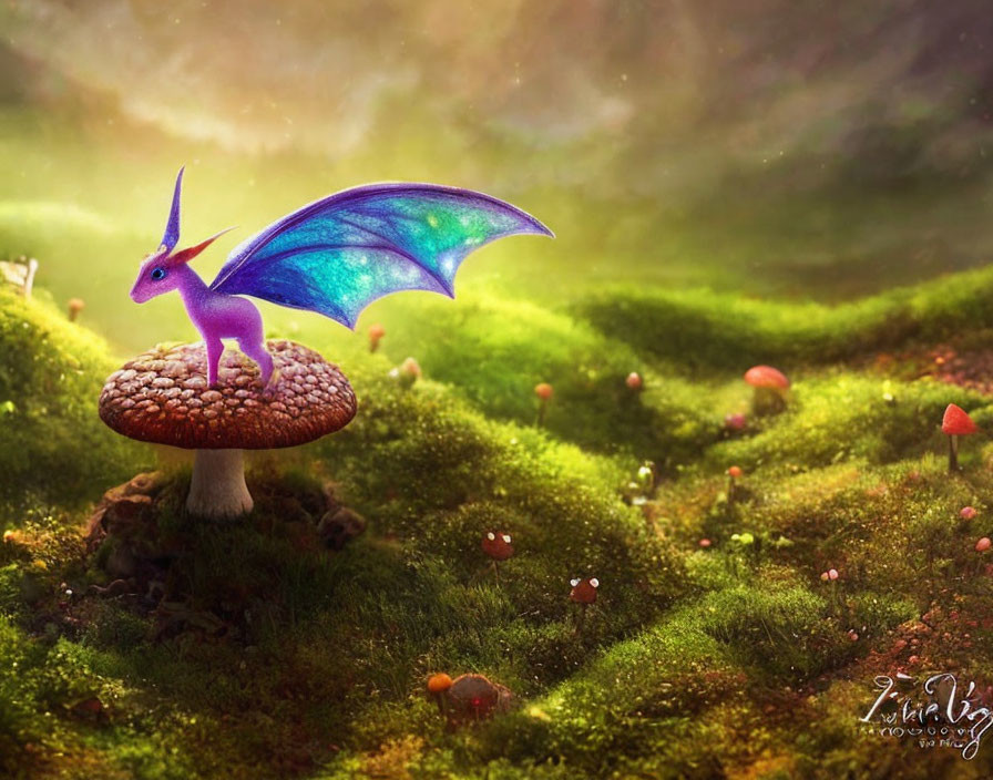 Purple Dragon on Large Mushroom in Enchanted Forest