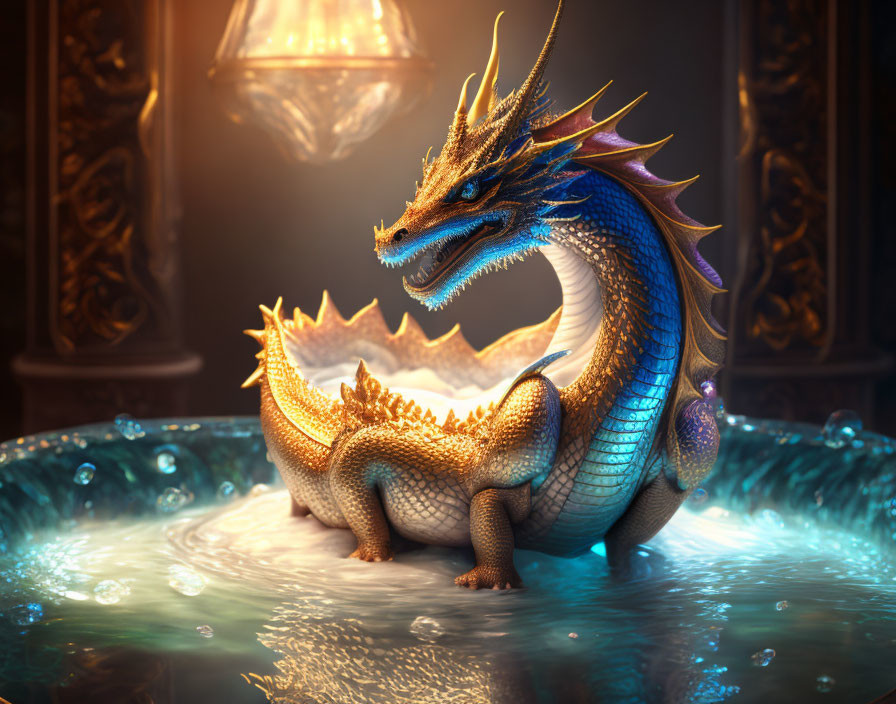 Blue and Gold Dragon in Shimmering Pool with Lanterns