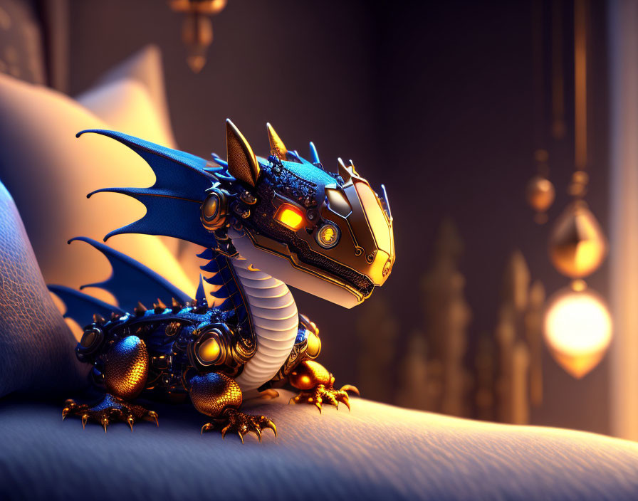 Mechanical Dragon Digital Art in Cozy Room with Warm Lighting