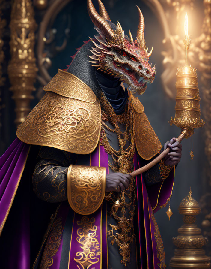 Dragon-headed regal figure in gold and purple robe with ceremonial candle stick in ornate room