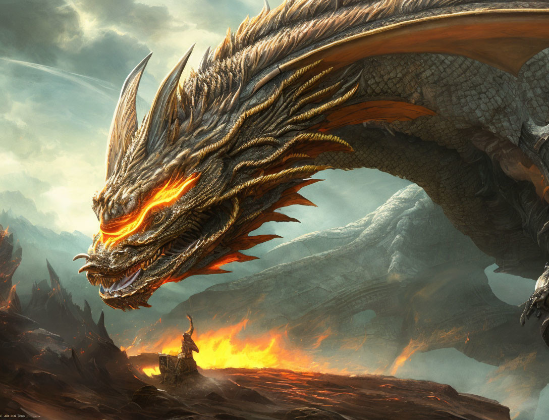 Majestic dragon breathing fire near lone figure in molten landscape