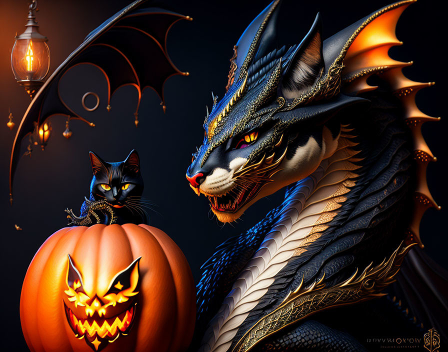 Black cat, dragon, and pumpkin in dark autumn scene