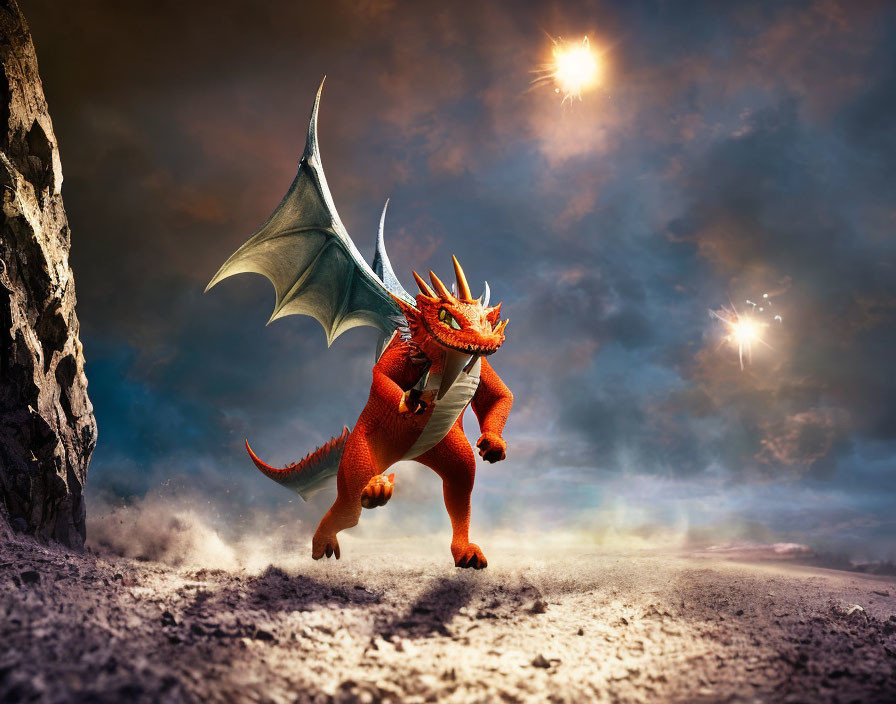 Red Dragon with Extended Wings on Dusty Terrain Under Dramatic Sky