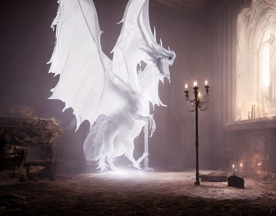 White Dragon in Gothic Chamber with Spread Wings