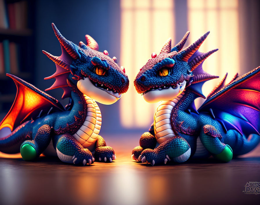 Colorful Dragon Figurines Facing Each Other on Wooden Surface