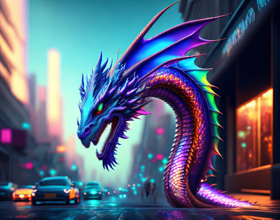 Blue Dragon with Glowing Eyes in Neon-Lit City Street at Dusk