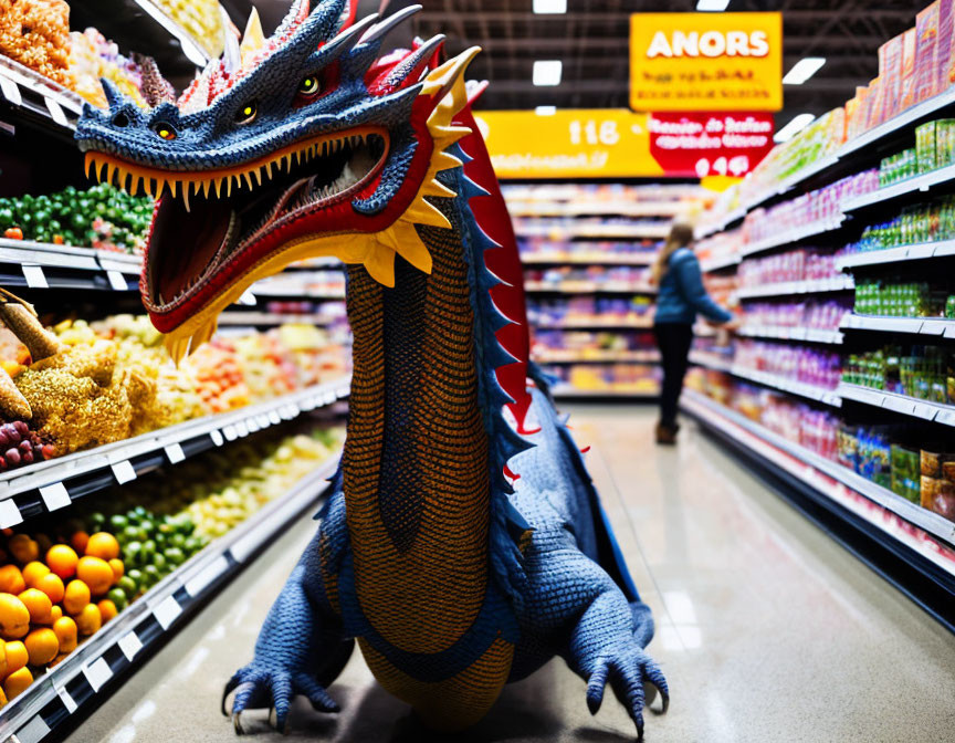 Colorful Dragon Toy in Grocery Store Aisle with Produce Shelves and Shopper