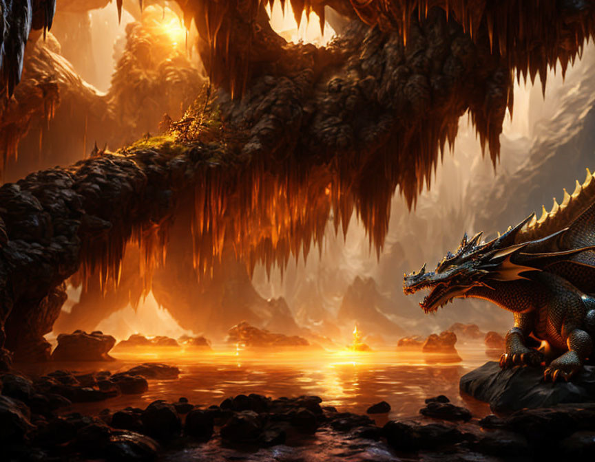 Majestic dragon in cavernous landscape with molten lava river