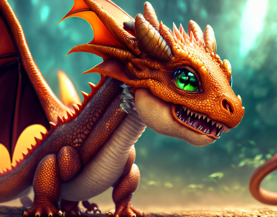 Colorful Dragon with Green Eyes and Sharp Teeth in Forest Setting