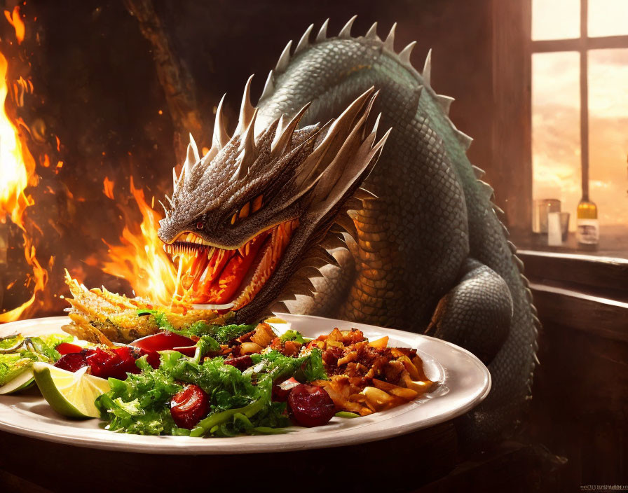 Realistic dragon with open mouth near food plate and blazing fire.