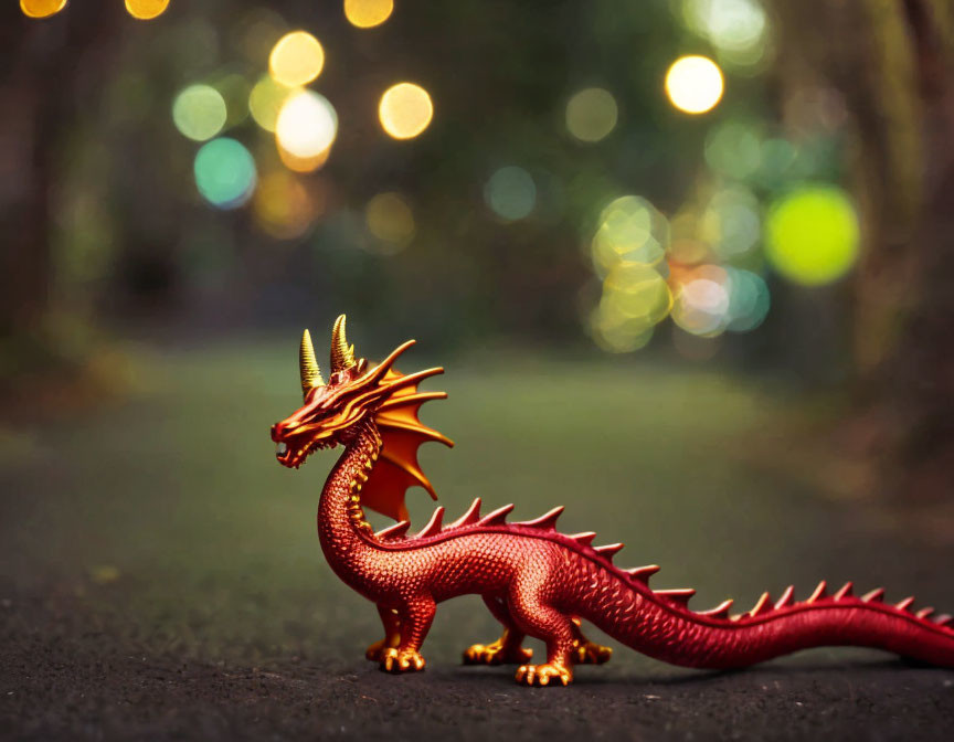 Toy Dragon on Blurred Pathway with Illuminated Trees