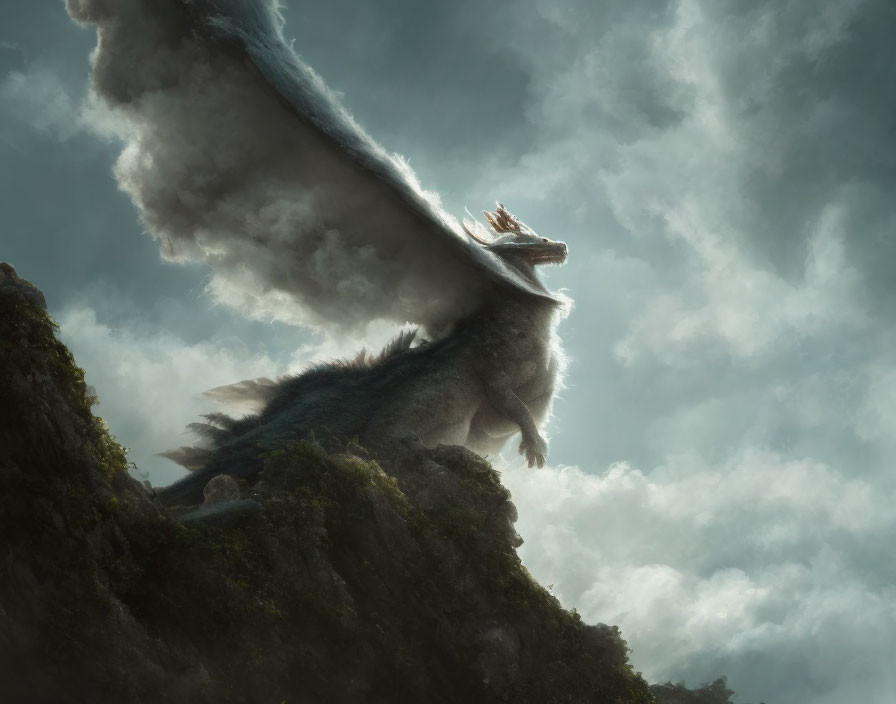 Majestic dragon on craggy cliff with unfurled wings in dramatic sky