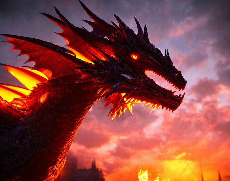 Red Dragon with Glowing Eyes and Castle Silhouette in Dramatic Sunset Sky