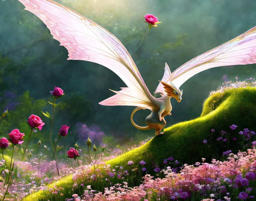 Fantasy dragon with pink translucent wings in rose-filled landscape