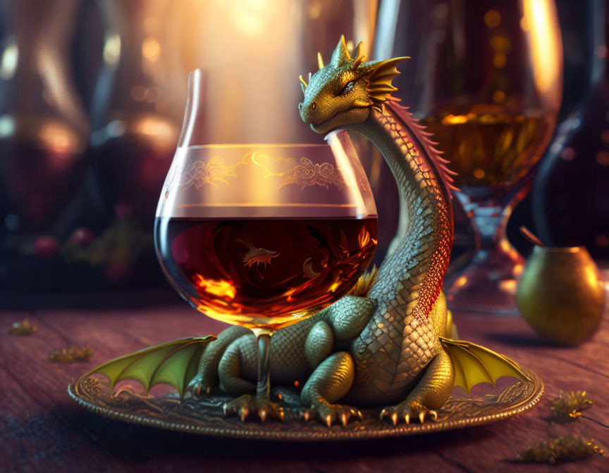 Illustration of small dragon with brandy snifter on golden plate