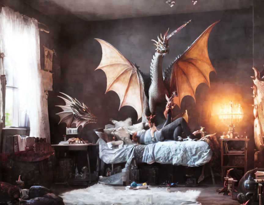 Large dragon with wings and woman in medieval-themed room bed.