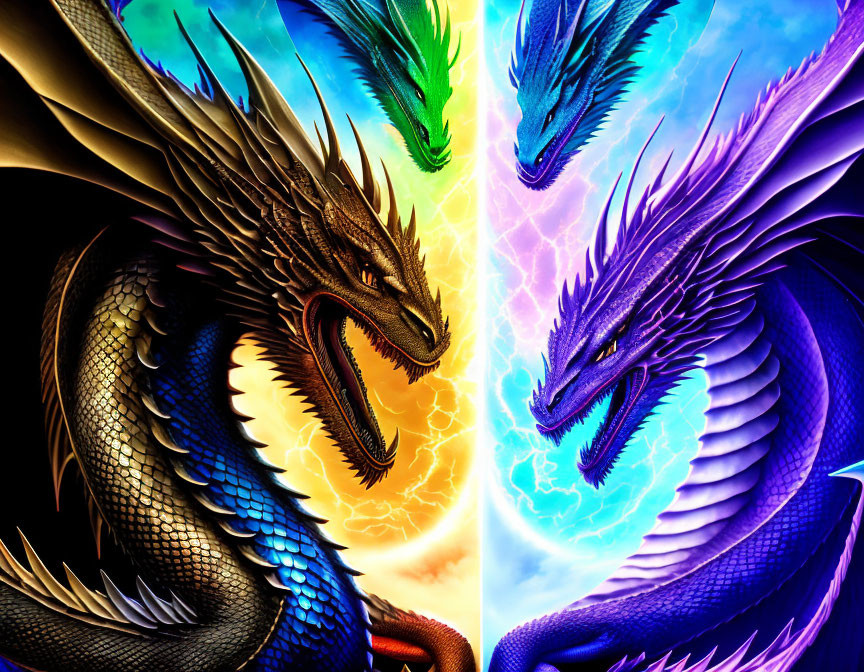 Vividly Colored Dragons in Dramatic Stance Against Fiery Backdrop