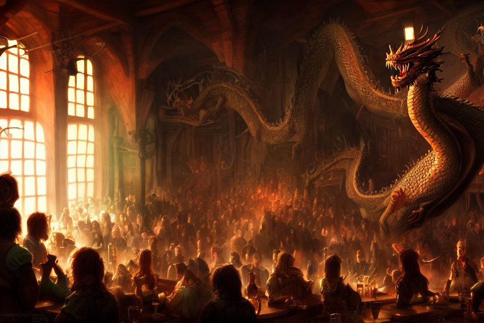 Majestic dragon in medieval tavern with warm light and people