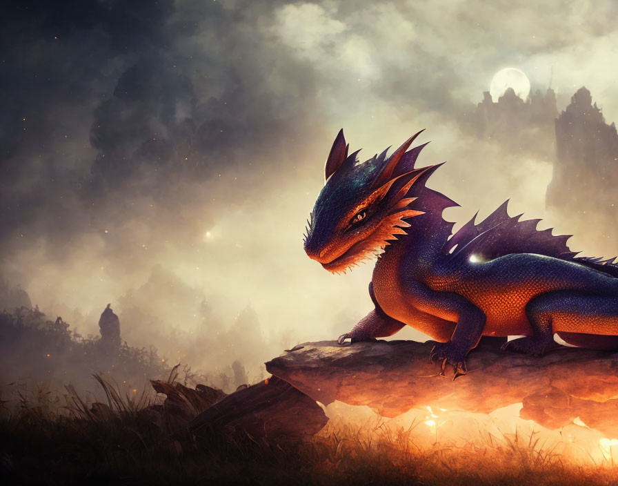 Blue and Orange Scaled Dragon Perched on Rock in Fantasy Landscape