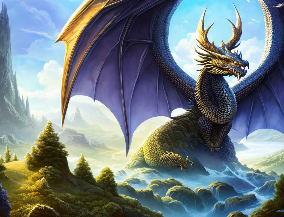 Majestic dragon with expansive wings perched on cliff overlooking verdant valley