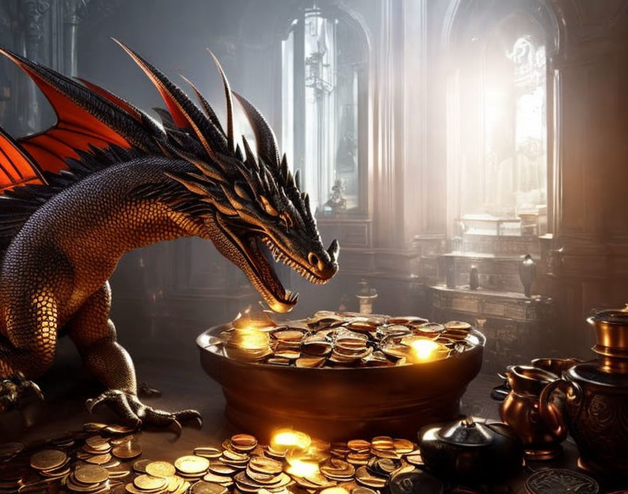 Dragon in grand hall with golden hoard and sunlight streaming