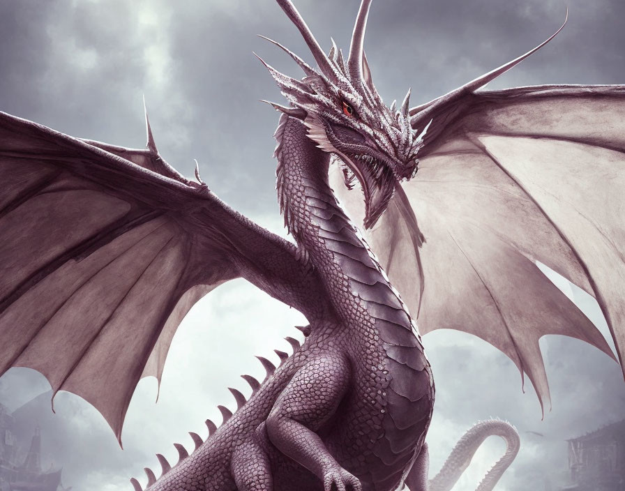 Menacing grey dragon with red eyes against cloudy sky.