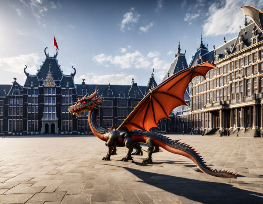 Intricately designed red and black dragon sculpture in elegant square.