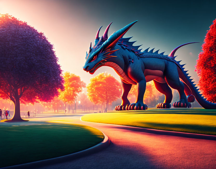 Blue dragon in vibrant autumn park with people, fantasy atmosphere