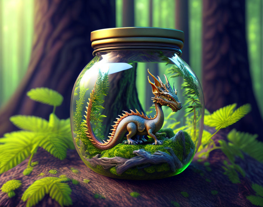 Detailed dragon figurine in glass jar terrarium with lush greenery, forest backdrop