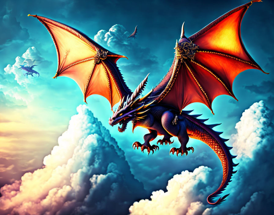 Two dragons flying under dramatic blue sky