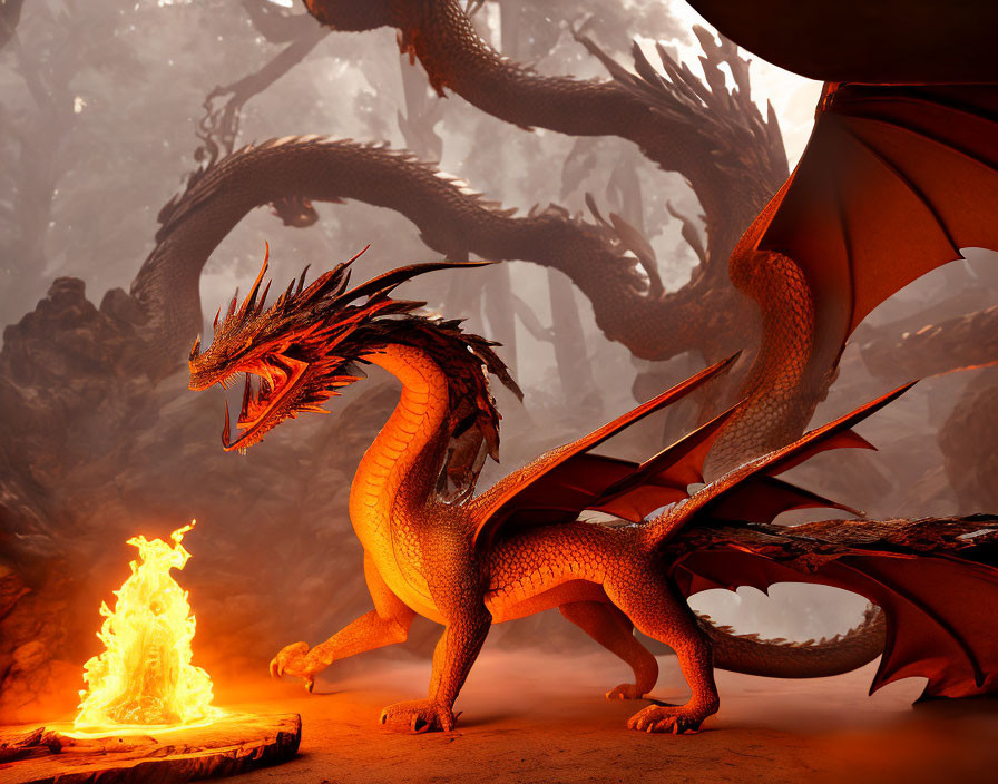 Orange Dragon with Large Wings Beside Fiery Blaze and Sinister Silhouettes