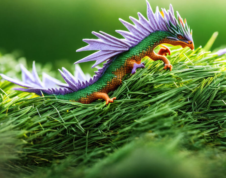 Colorful Toy Dragon with Purple Spines on Green Grass