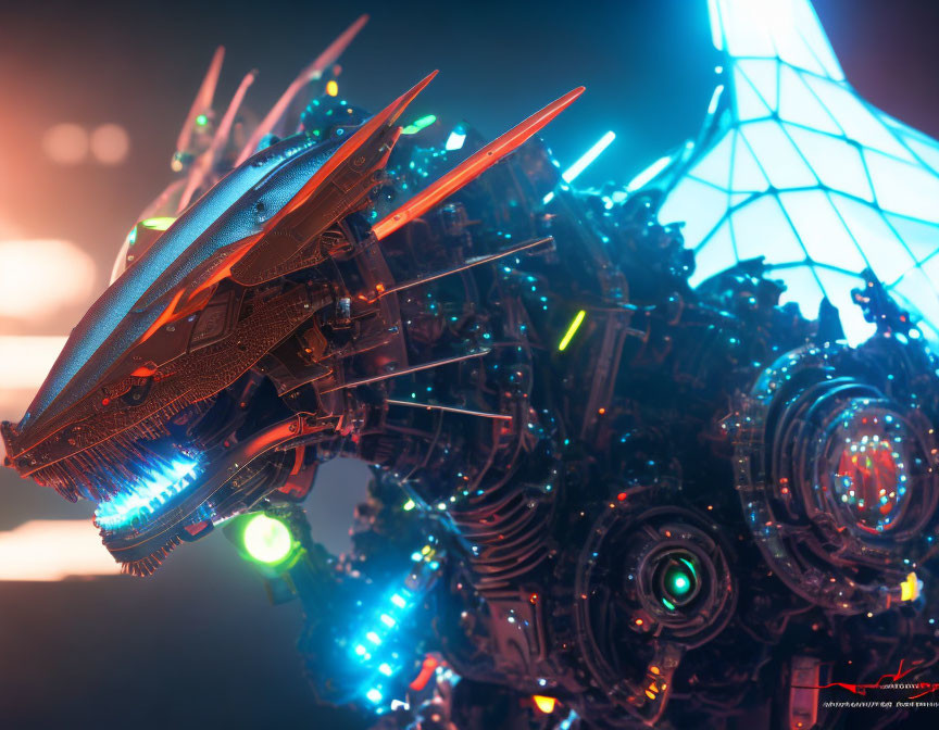 Futuristic mechanized dragon with neon lights and cybernetic enhancements