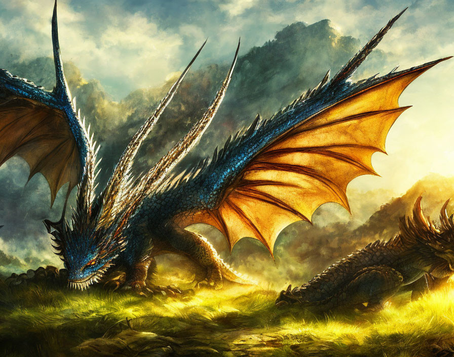 Blue dragon with expansive wings in vibrant landscape with mountains