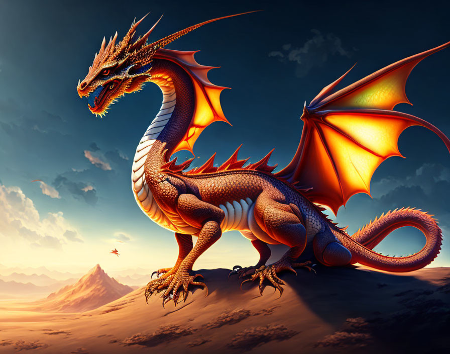 Majestic orange dragon with horns and large wings in desert sunset.