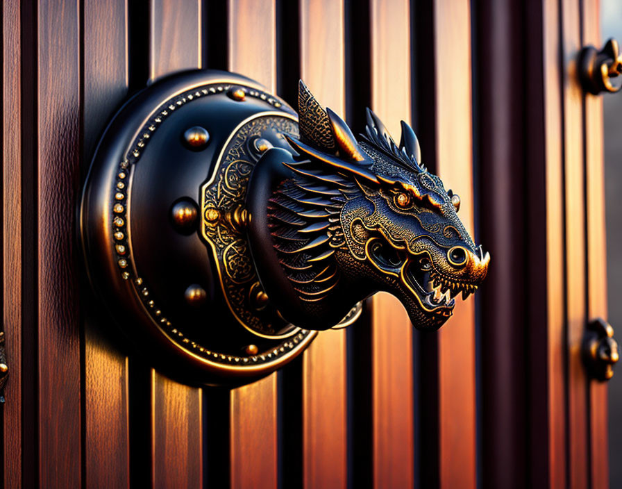 Black Dragon Door Knocker on Polished Wooden Door