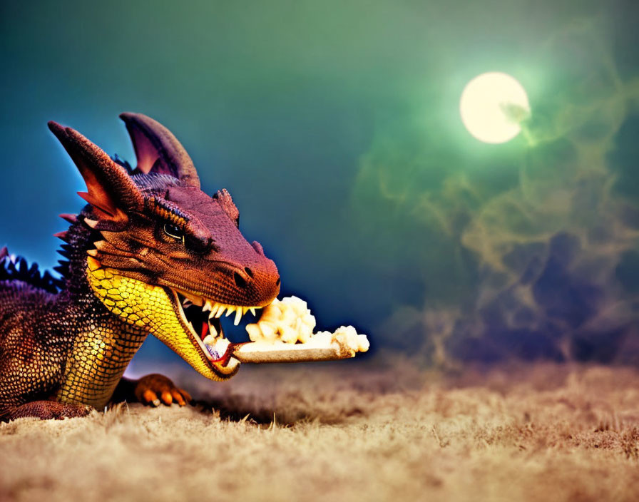 Toy dragon breathing fire on popcorn under moonlit sky