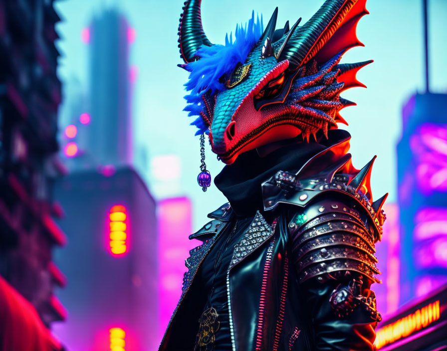 Vibrant blue dragon mask person in studded leather jacket against neon-lit cityscape