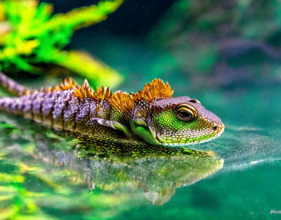 Colorful Green Lizard with Orange Spiny Crests in Water Scene