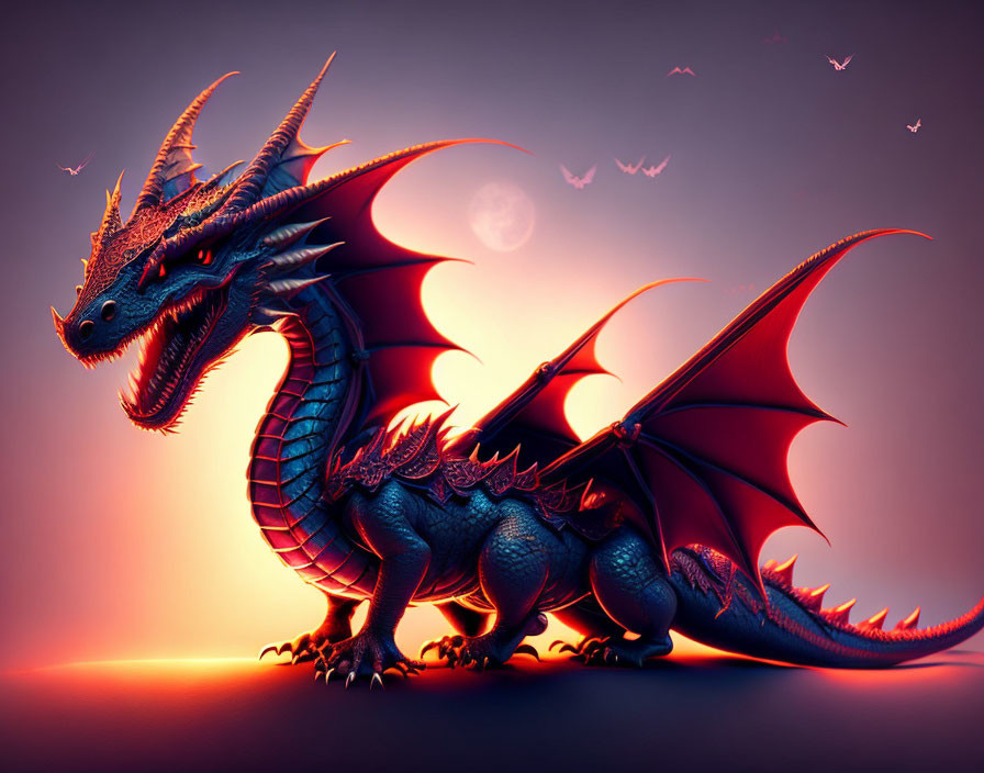 Majestic dragon digital art: red and purple hues against twilight backdrop.