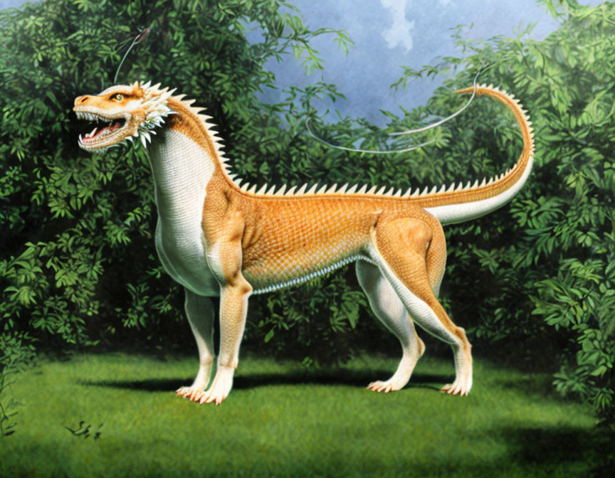 Theropod Dinosaur with Orange and White Stripes in Lush Green Setting