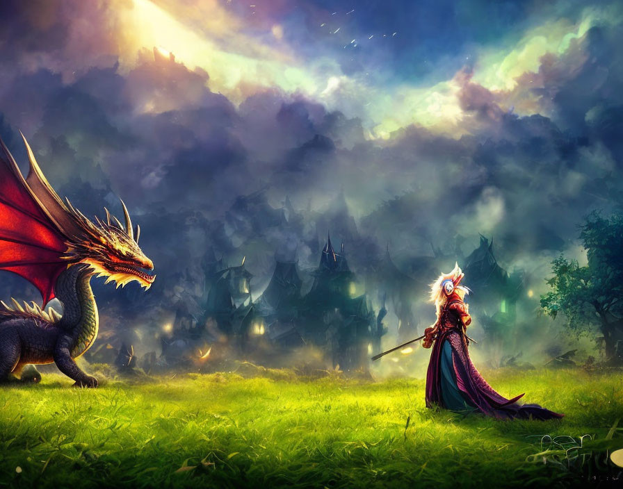 Warrior in elaborate armor with dragon in mystical landscape.