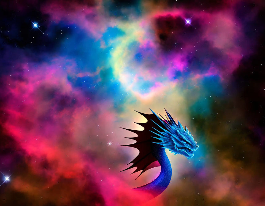 Colorful cosmic scene: blue dragon in multicolored nebula under starry sky