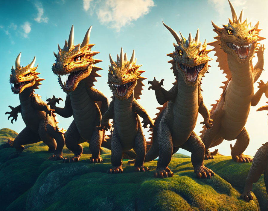 Five Animated Dragons in Row on Grass Hill at Sunset