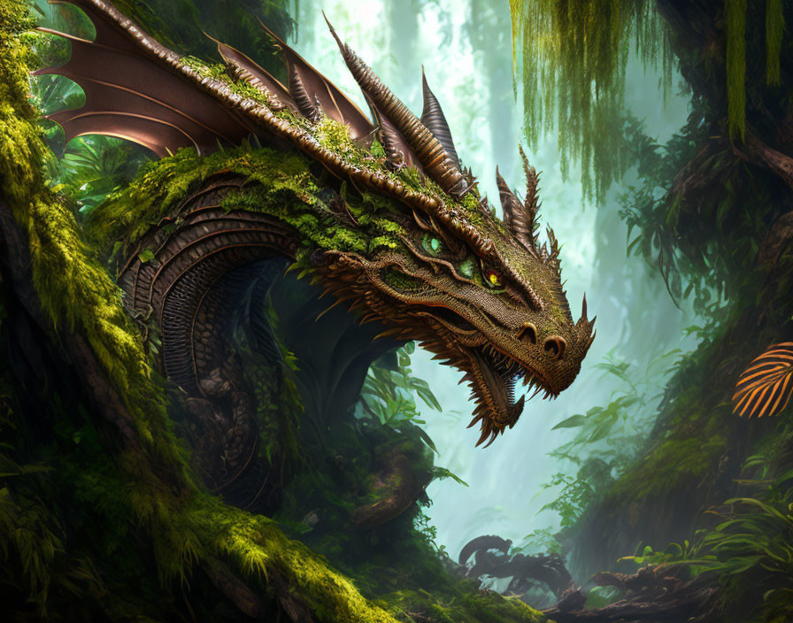 Brown-scaled dragon emerges from lush green forest