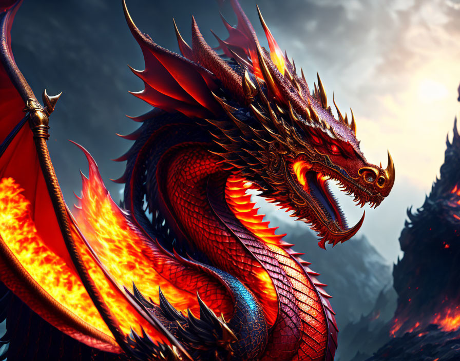 Detailed red dragon with fiery wings, intricate scales, and sharp horns emerging from smoky background.